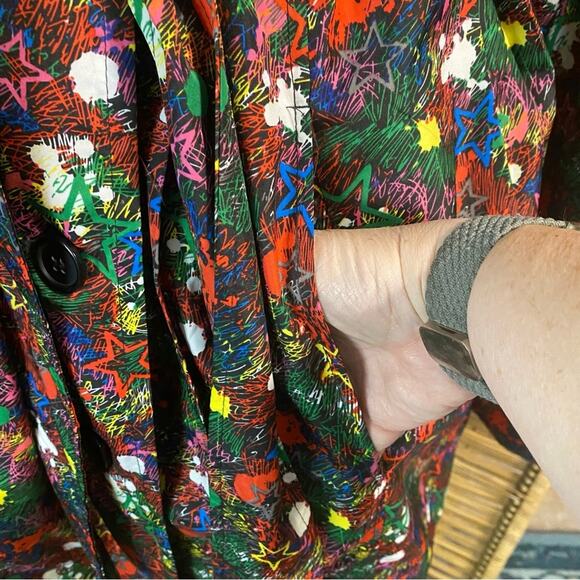 Joe Browns colorful graffiti stars Notched Collar Cocktail Trench Coat size 10 - Picture 10 of 16